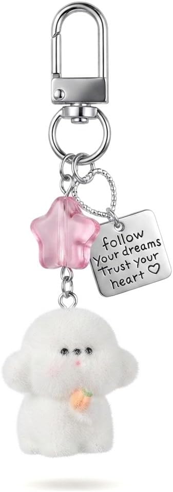 Cute Fluffy White Bichon Frise U-Clip Keychain, Pink Transparent Star Follow Your Dreams Engraved Tag Backpack Charm, Healing Emotional Support Mini Dog Bag Accessory, Inspirational Small Gift