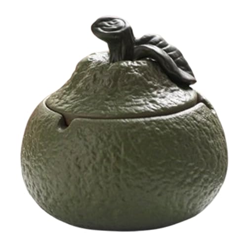 Cenicero de cerámica para patio exterior color naranja con tapa y ranura cóncava para cigarrillos resistente al viento y antideslizante para interior o exterior color verde.