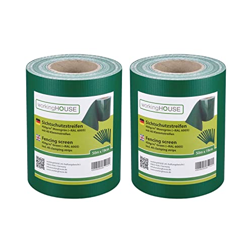 WORKINGHOUSE PVC Sichtschutzstreifen 450g/m² Standard für Doppelstabmatten Zaun – 2er Spar-Set (100m Gesamtlänge), Grün RAL 6005 | Wind- & Blickschutz, wetterfest, inkl. Clips