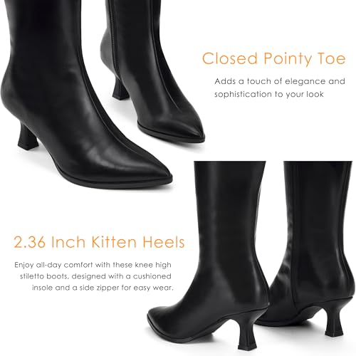 GENSHUO Knee High Boots Women Pointed Toe 2.3 Inches Kitten Heel Tall Boots Classic Fashionable Long Boots with Side Zipper Winter3