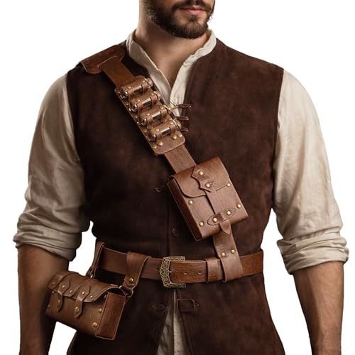 Renaissance Accessories Men 6-Pcs Medieval Alchemy Faux Leather Belt Pouch