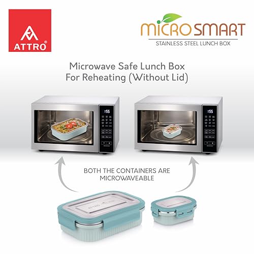 Image of ATTRO Micro Smart Stainless Steel Lunch Box with Inner Steel Body, Microwave Safe Without Lid, Airtight Leakproof with Small Container for Office, School Kids & Outdoor Use - 800ml+180ml-Green