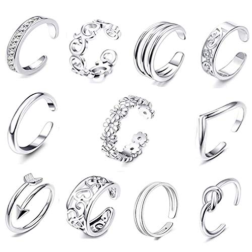 FIBO STEEL 12 Pcs Open Toe Rings for Women Vintage Retro Wave Flower Celtic Knot Arrow Tail Band Toe Ring Adjustable Silver-tone