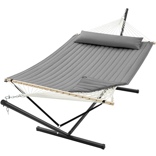 Image of SUPERJARE 12ft Double Hammock with Stand, Rope Hammock for 2 Person, Detachable Hammock Bed and Pillow, Portable, Anti-Tip Safety Ropes, Carry Bag, Outdoor Backyard Patio Camping, Gray