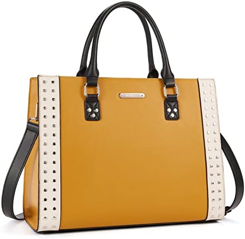 BOSTANTEN Leather Handbags for Women Shoulder Bag Top Handle Satchel Purse Tote Work Bag (Yellow with Beige)