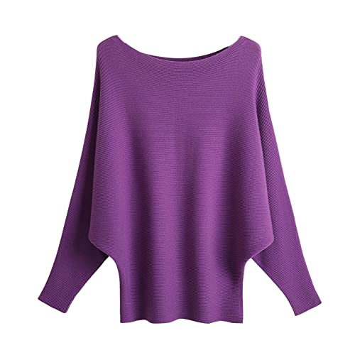 Image of Blostirno Women's Boat Neck Batwing Sleeves Dolman Ribbed Knitted Sweaters Pullovers Tops