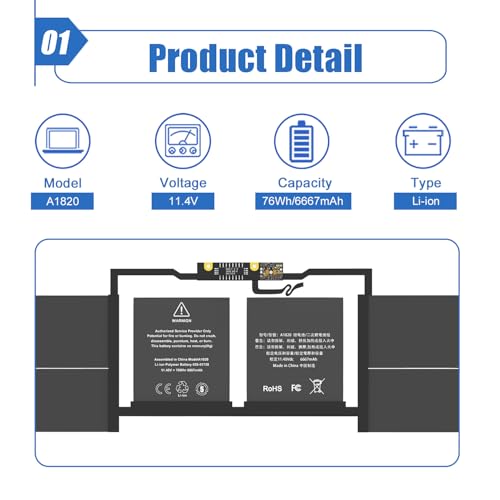 Image of A1820 A1707 Laptop Battery Replacement for MacBook Pro 15 inch A1707 (Late 2016, Mid 2017) Touch Bar EMC 3072 EMC 3162 Series MPTR2LL /A MPTT2LL /A MLW72HN /A MLW82LL /A MLH42LL /A 11.4V 76Wh 6667mAh