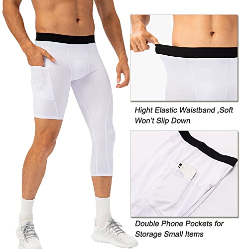 One Leg Compression Tights For Men,Men's Compression Basketball Tights Athletic Leggings With Pockets Running Base Layer Active Underwear Breathable Quick Dry(White,S) #TOP3