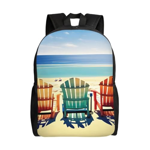 GUOLGP Mochila impermeable de gran capacidad con estampado de escena de playa con sillas, para hombres y mujeres, elegante, trabajo, senderismo, al aire libre
