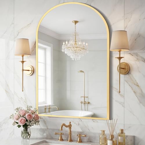 Image of Sweetcrispy 26 inchx38 inch Arched Gold Bathroom Mirror, Bathroom Mirrors for Over Sink, Modern Wall Mirrors Arch Decorative for Entryway, Bedroom, Vanity,Horizontal or Vertical Hanging