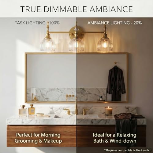 Image of ANDY STAR 3-Light Brushed Gold Bathroom Vanity Light, Transitional Sconce | Ribbed Glass & Crystal Accent, Damp-Resistant, Heat-Resistant E12 Base, Reversible Up /Down Mounting