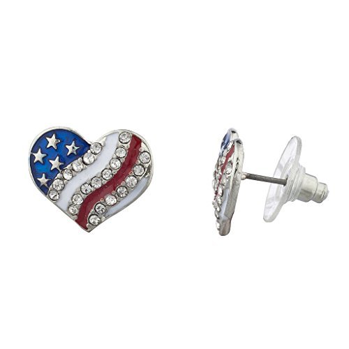 Lux Accessories Silver Tone Americana American Flag Pave Heart Stud Earrings #TOP6
