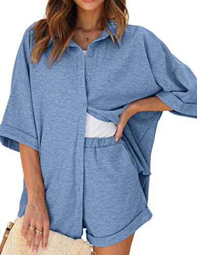 Ekouaer Waffle Knit Lounge Sets for Women Short Sleeve Pajamas Button Down Pjs Oversized Loungewear Shorts Set