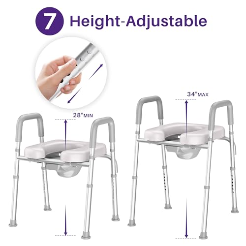 Image of KEKOY Toilet Seat Risers for Seniors, Adjustable Size, Bedside Commode | Padded Elevated with Handles,Fits Most Heights Builds,Tool Free Install, Fits Most Round Elongated Toilets for Handicap, Grey