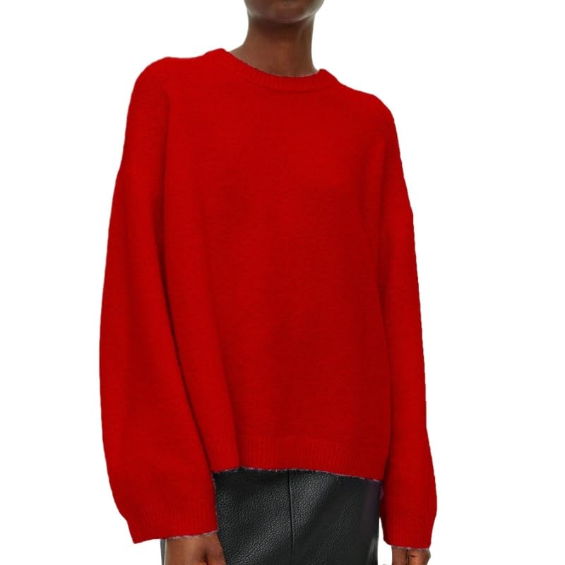 Womens Round Neck Long Sleeved Pullover Knitted Sweater Loose Thick Velvet Sweater