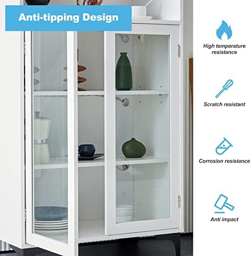 TUKAILAi LED Sideboard Kitchen with 2 Clear Glass Doors, 160CM Tall Display Cabinet with Adjustable Shelves, Living Room Cupboard Display Unit Cabinet Free Standing Bookcase Amply Storage White