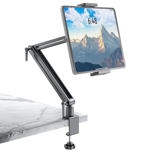Aluminium Tablet Halterung mit Schwenkarm - 360° Drehbare Metallbasis, Flexibler Arm, Kompatibel mit iPad Air/Pro/Mini, Samsung Galaxy und Alle 4,7-17,3 Zoll Geräte Tragbarer Monitorständer