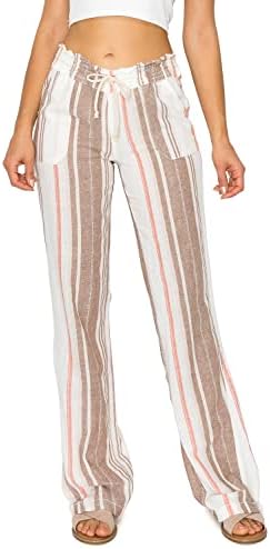 Cali1850 Ladies’s Informal Linen Pants – Drawstring Smocked Waist Oceanside Lounge Seashore Trousers with Pockets
