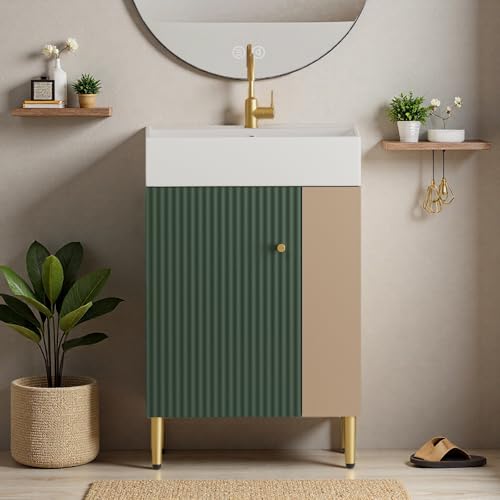 Image of 21.6 inch Freestanding Bathroom Vanity with Ceramic Sink, Green | Ceramic Sink, Wave-Pattern Door & Two-Layer Right Open Compartment, Bathroom Storage Cabinet, Easy Installation