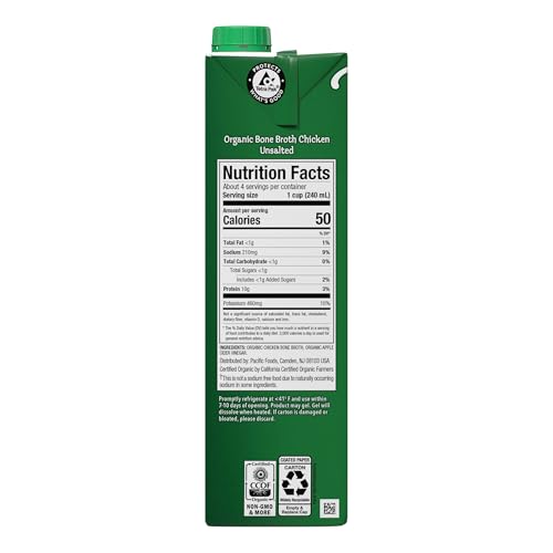 Image of Pacific Foods Organic Unsalted Chicken Bone Broth, 32 oz Carton