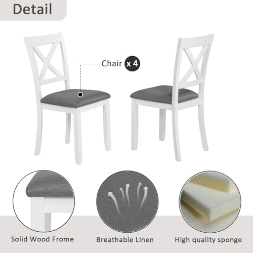 Image of Harper & Bright Designs 5-Piece Wood Dining Table Set for 4, Kitchen Furniture Set with 4 High Back Upholstered Dining Chairs for Small Places,White+Gray