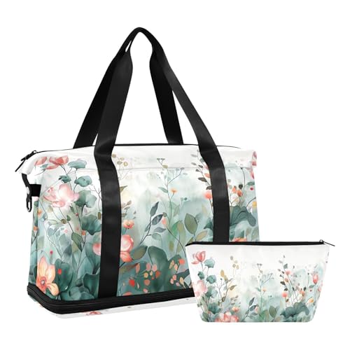 Plants and Flowers Gym Bag - Weekender Overnight Bags for Women Men, Sport Travel Duffel Bag with Wet Pocket & Shoe Compartment