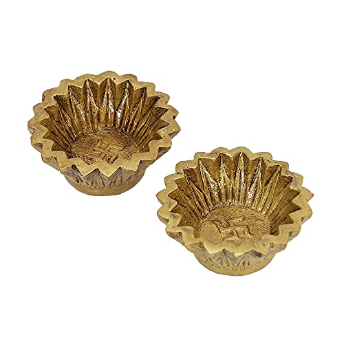 Image of Brass Round Line Pooja Diya, Kuber Deepak Oil Lamp, Pack of 2 | Set of two round brass diyas with decorative lined detailing for pooja, home temple and festive use
