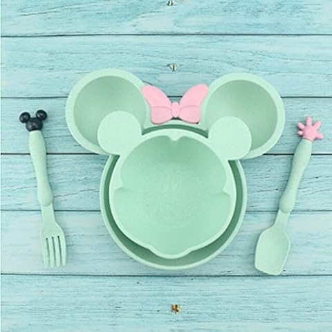 4 Pcs Minnie Mickey Shaped Baby Dinner Set Children Food Children Minnie Dinner Set Minnie Plates with Fork Spoon & Mickey Bowl UK Seller (Mint) Cover