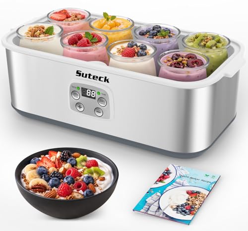 Image of Suteck Yogurt Maker with 8 Glass Jars - Time & Temp Adjustable, Homemade Greek & Probiotic Yogurt, Automatic Shut-Off, BPA-Free, Total 48 oz, White