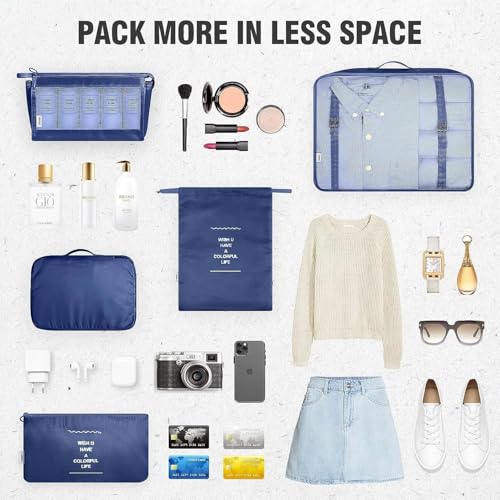 Image of 7 Pcs Travel Organizer Bag Set for Luggage | Waterproof Packing Cubes for Clothes, Shoes & Toiletries | Foldable Travel Storage Bags for Men & Women | Black Travel Pouch Set (DARK BLUE)