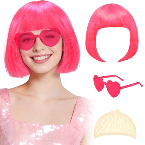 KEEPFINE Bob Wig and Heart Sunglasses Set Colorful Neon Short Hair Wigs for Women Cosplay Costume Party (Hot Pink)