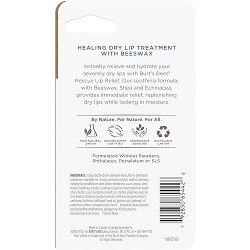 Burt's Bees Rescue Lip Relief com manteiga de karité e equinácea, 100% de origem natural, 9,9 g (pa