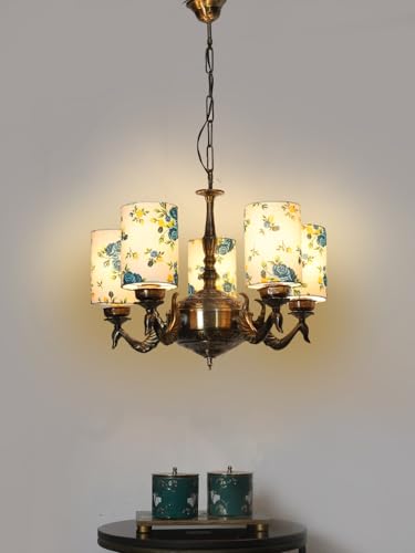 Image of Devansh 05-Light Round Printed Multicolor Cotton Shade Chandelier - Antique Golden Finish | Adjustable Cord | Warm Glow Lamp - Ceiling Light for Living Room, Dining Area, BedroomDecor - D11