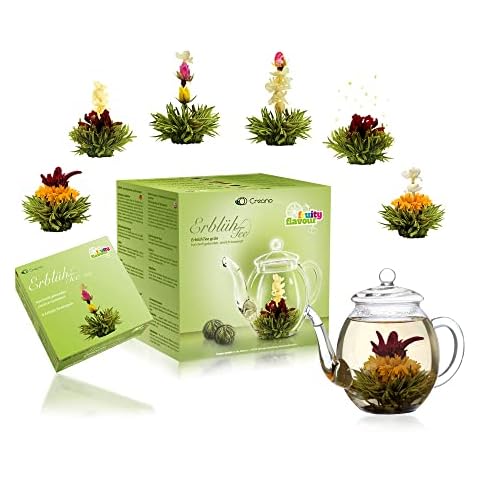 Creano Teeblumen Geschenkset Erblühtee mit Glaskanne Grüner Tee fruchtig aromatisiert Cover