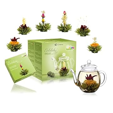 Creano - Fiori di Tè Verde Set Regalo con Teiera di Vetro 500ml - 6 varietà di Tè Fiorito - con sfere che si trasformano in fiori, idea regalo per Natale