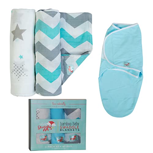 Image of Natural Snuggles Newborn Bamboo Rayon Swaddle Wraps | Baby Receiving Blankets 3 pk: Wrap & 2 Muslin Square Blankets - Light Blue & Grey Chevron Stripes & Stars