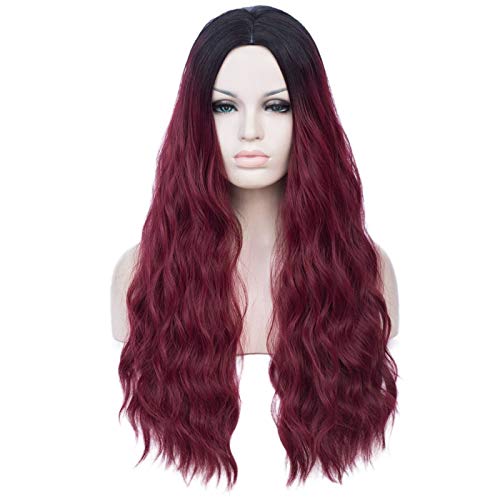 TopWigy Long Burgundy Wig 28 Inches Long Red Wigs for Women Synthetic Heat Resistant Middle Part Red Ombre Wig Dark Roots Long Wavy Wig Cosplay Party Wig