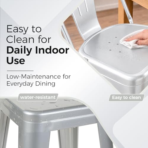 Image of Metal Dining Chairs with Backrest, Stackable, Silver, 2 Pack | Easy Assembly, Non-Slip Feet, 330 lb Capacity, Kitchen, Restaurant, Cafe, Pub, Covered Patio