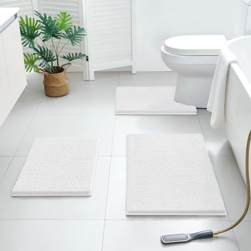 Image of BYSURE White Bathroom Rugs Sets 3 Piece Non Slip Extra Absorbent Plush Chenille Soft Washable Bath Mats