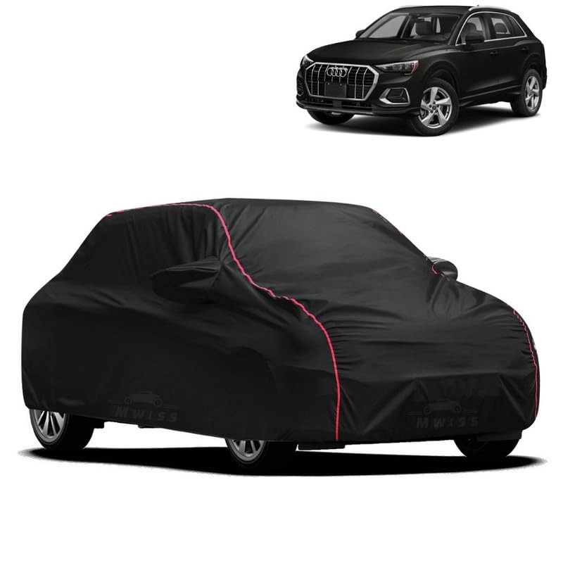 Image of Waterproof Car Cover for Audi Q3 | All-Weather Protection, Dustproof & UV Resistant | Triple Stitched Mirror Pockets, Windproof Buckle Strap with Elastic Hem, Black-Red Piping