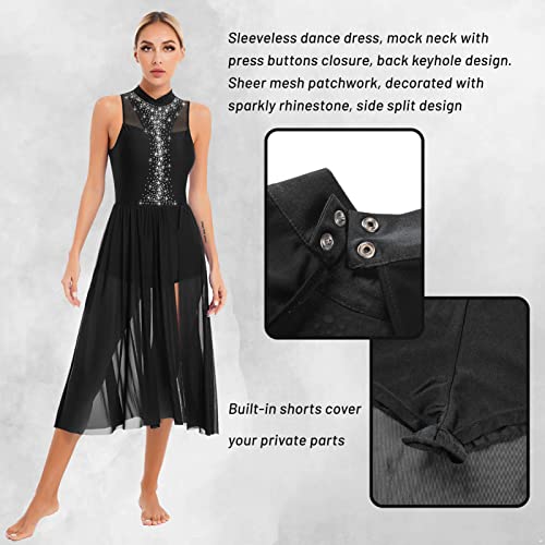Foto von iEFiEL Damen Glitzer Tanzkleid Lyrisches Standard Ballsaal Walzer Tango Ballettkleid mit Strass Vintage Swing Kleid Lange Midi-Rock Schwarz Glitzer S