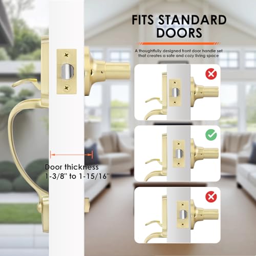 Image of Haidms Gold Front Door Handle, Entry Door Handleset No Lock, Exterior Door Handle with Reversible Handle Lever, Single Cylinder,Lower Half Lever for Left & Right Hand Door
