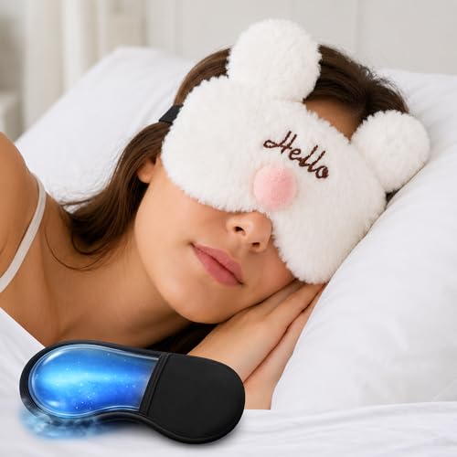 Image of Jenna Sleeping Eye Mask for Sleeping for Women Sleep Mask Blind Fold Eye Cover for Sleep Soft Plush Frog Eye Mask for Kids and Adults Eyemask Lightweight & Durable (FurHelloWhite-Gel)
