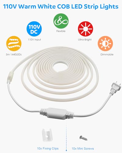 Tira LED COB Aclorol 5m Blanco Cálido 120V Impermeable miniatura 2