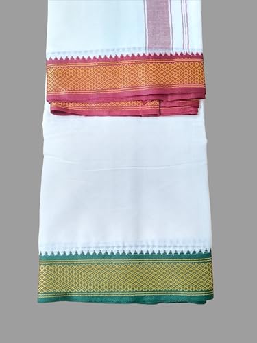 Image of Traditional Mens Poly Cotton Padayappa 9x5 Dhoti with Angavashtram, Cream Off White Colour Green and Maroon Border, 9+5 Panchakacham