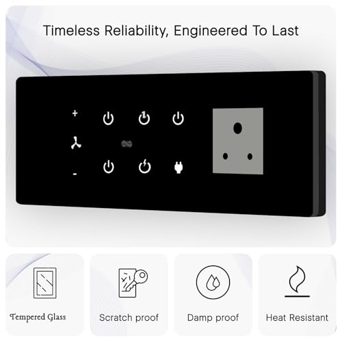 Image of IOTICS Smart Wifi Switch Board: 5 x Switch, 1 Fan & 1 x Smart Plug Module. Touch Control, Remote, App Control. Voice Control with Alexa & Assistant. Smart Touch Switch For Home Automation (Black)