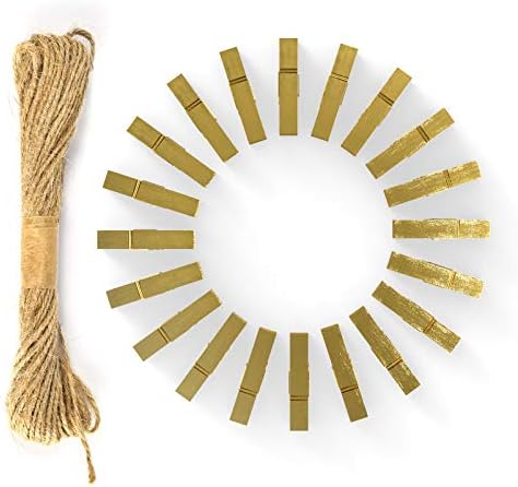 Mini Gold Clothespins - 50pcs Small Natural Wood Clothes Pin with Jute Twine for Photos Display,Gift Wrapping, Hanging Pictures Paper, Baby Clothes Pins,Small Clips for Home School Arts Crafts Decor