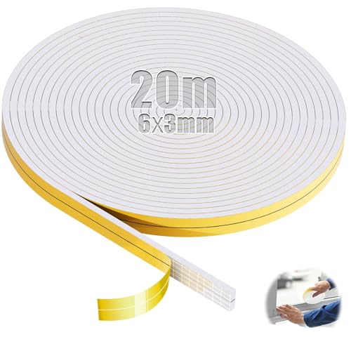 SWTYExt 20m Moosgummi Selbstklebend 6mm(B) x3mm(D) Dichtband Selbstklebend Weiß Vorlegeband Schaumstoffband Türdichtung Dichtungsband für Fensterfugen Schranktürkanten Tür Kochfelder