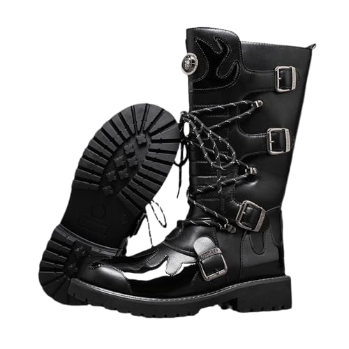 JIAYUTOO Botas Para Motociclistas Para Hombres Botas Punk De Cuero Con Hebilla De Cinturón De 2 Lados Botas Militares De Moda Para Exteriores, Botas Medias (Black,46)