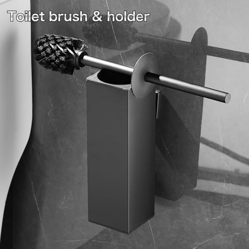 Image of Black Square Wall-Mounted Toilet Brush Holder, Drill-Mounted | Clean the dense brush head, splash guard, and removable inner bucket. Looking for a square stainless steel toilet brush.